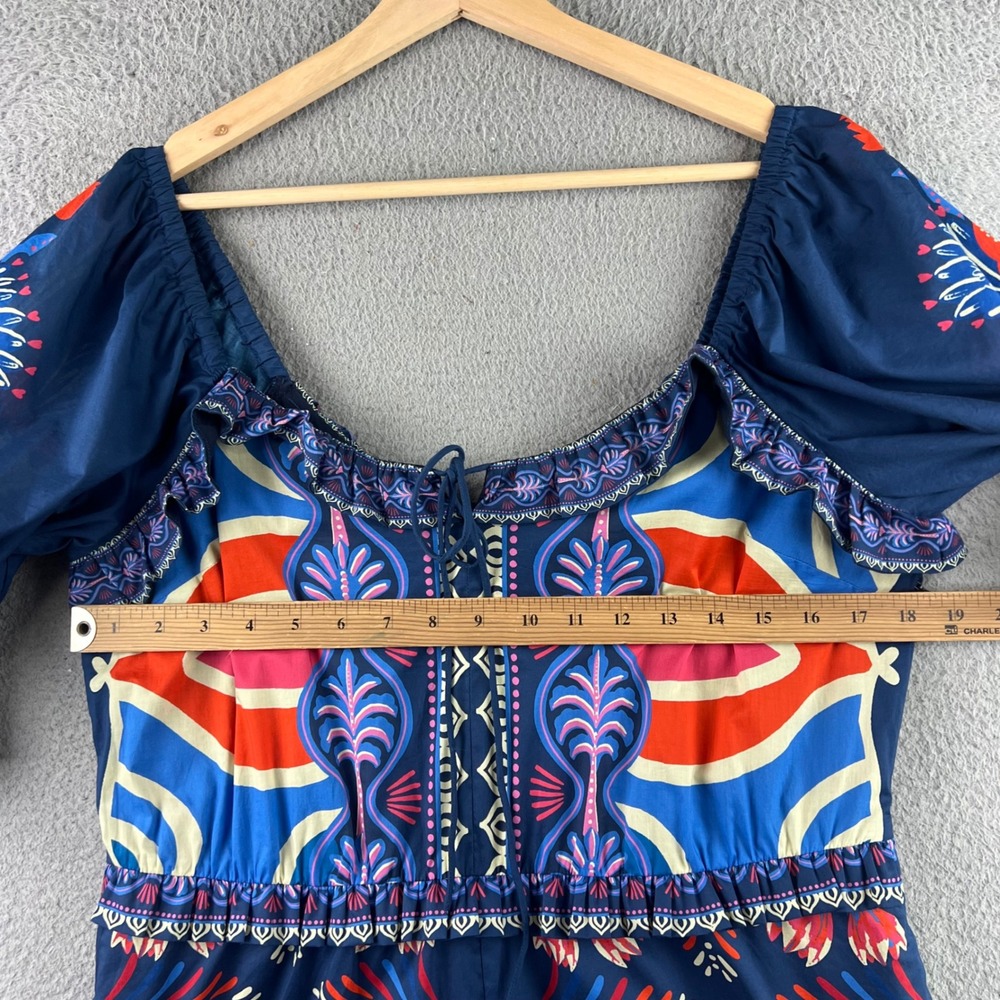 Farm Rio Blue Floral Tiered Ruffle Romper Short Sleeve Square Neck Puffy Sleeves - Picture 8 of 16